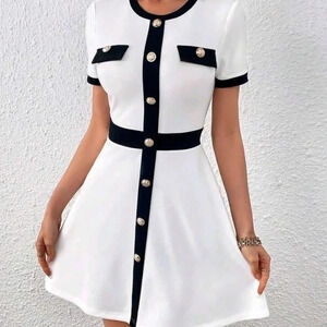 Contrast Trim Button Detail Dress